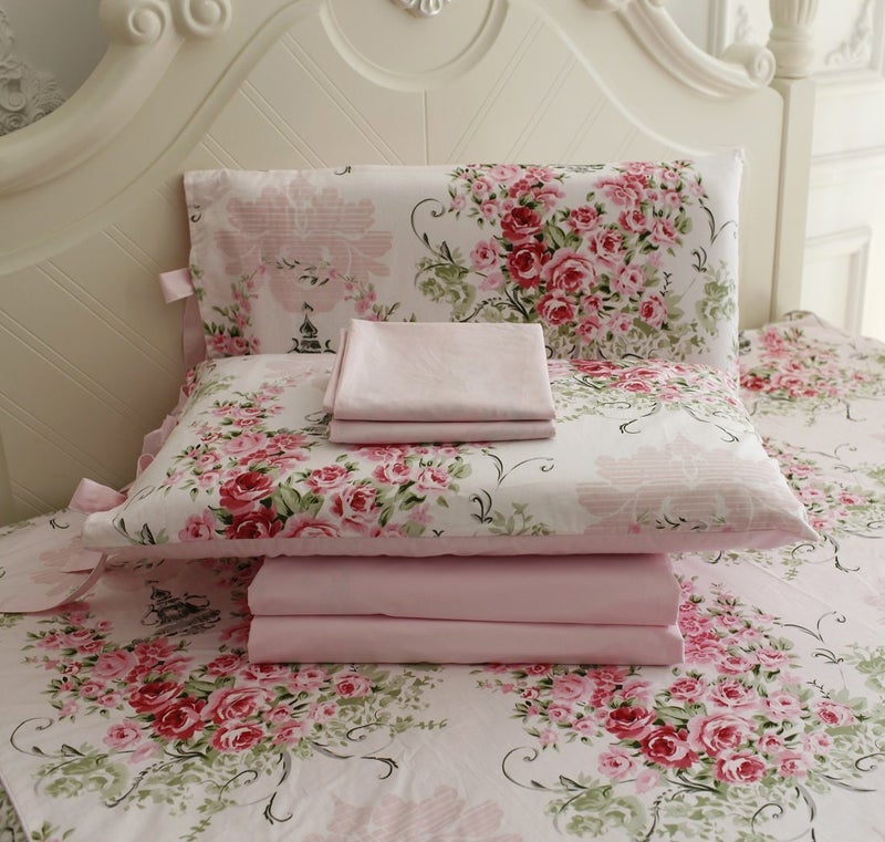 FADFAY Shabby Floral Bedding Set Queen Size Sheet Set 4 Piece Premium 100% Cotton Pink Rose Pattern :1 Deep Pocket Fitted Sheet  1Flat Sheet  2 Pillowcases (Standard Size) - Image 1
